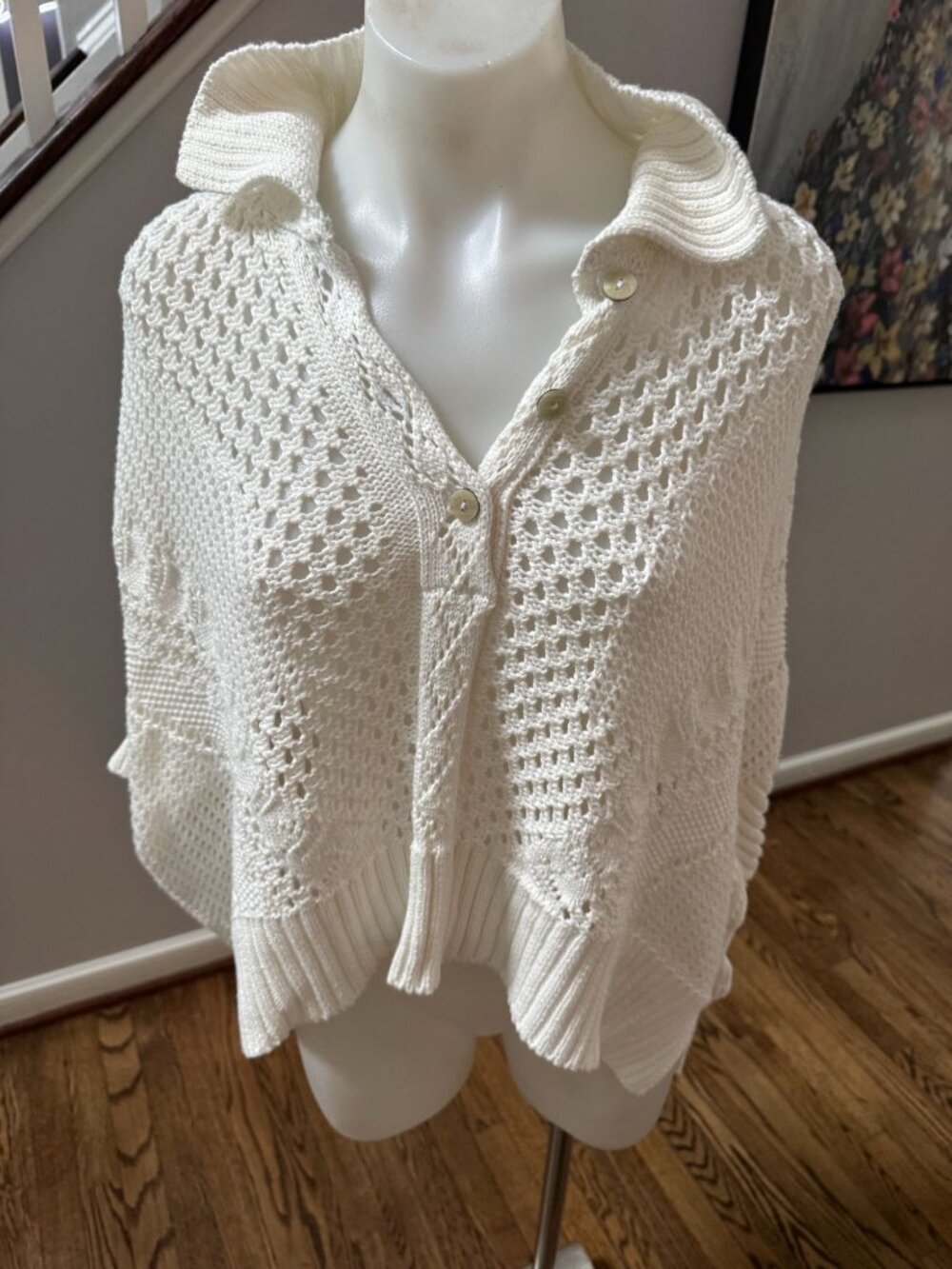 Free People The Point Open Stitch Polo Sweater White 100% Cotton Size Medium - Picture 2 of 4